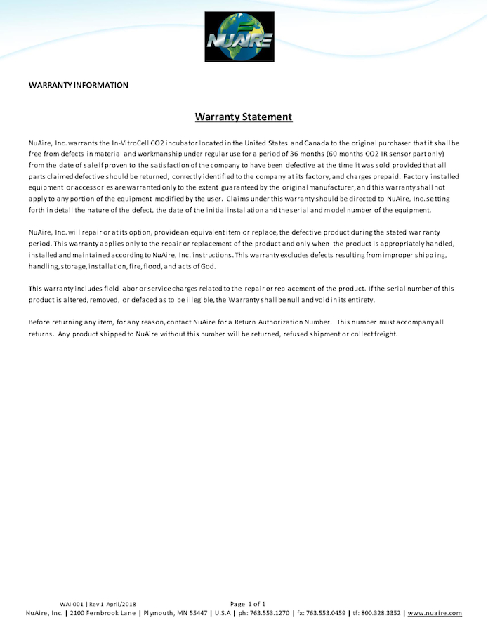 NuAire Standard CO2 Incubator Warranty in United States and Canada
